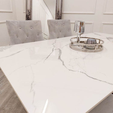 Lucien 1.6M Chrome Dining Table with Elegant Polar White Sintered Stone Top - UK Luxury Furniture